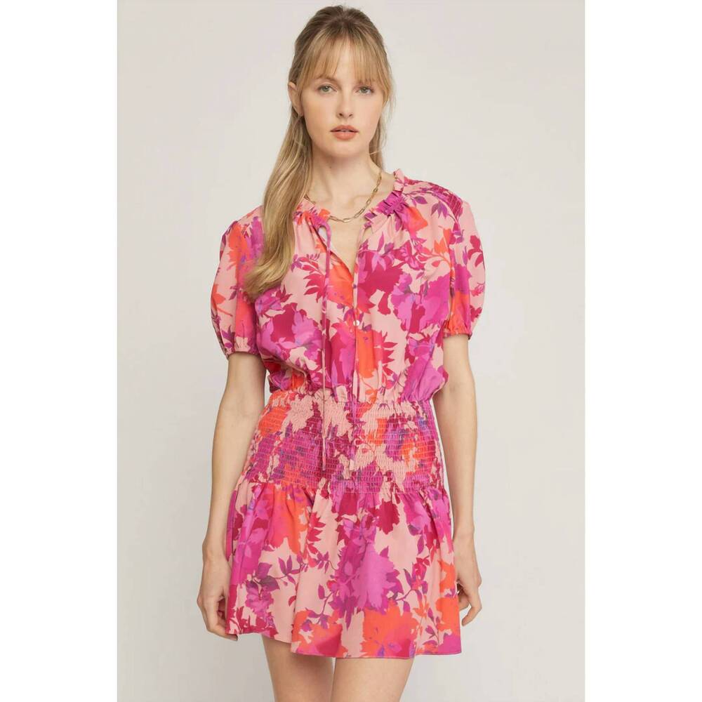 NEW FIRST LOVE floral print smocked shoulder waist short dress in pink multi